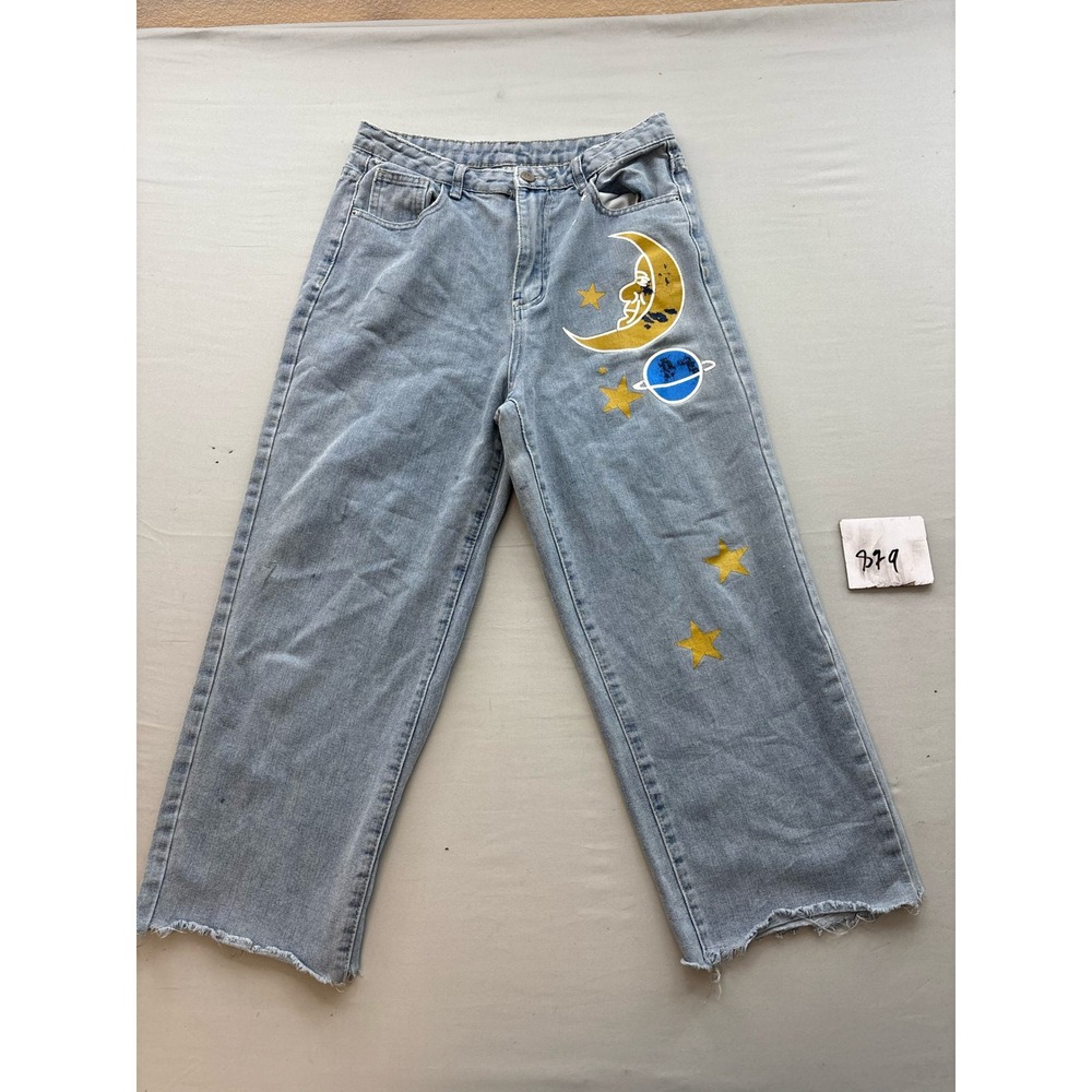 SHEIN Celestial Moon Star Planet Graphic Wide Leg Jeans Light Wash Blue Size M